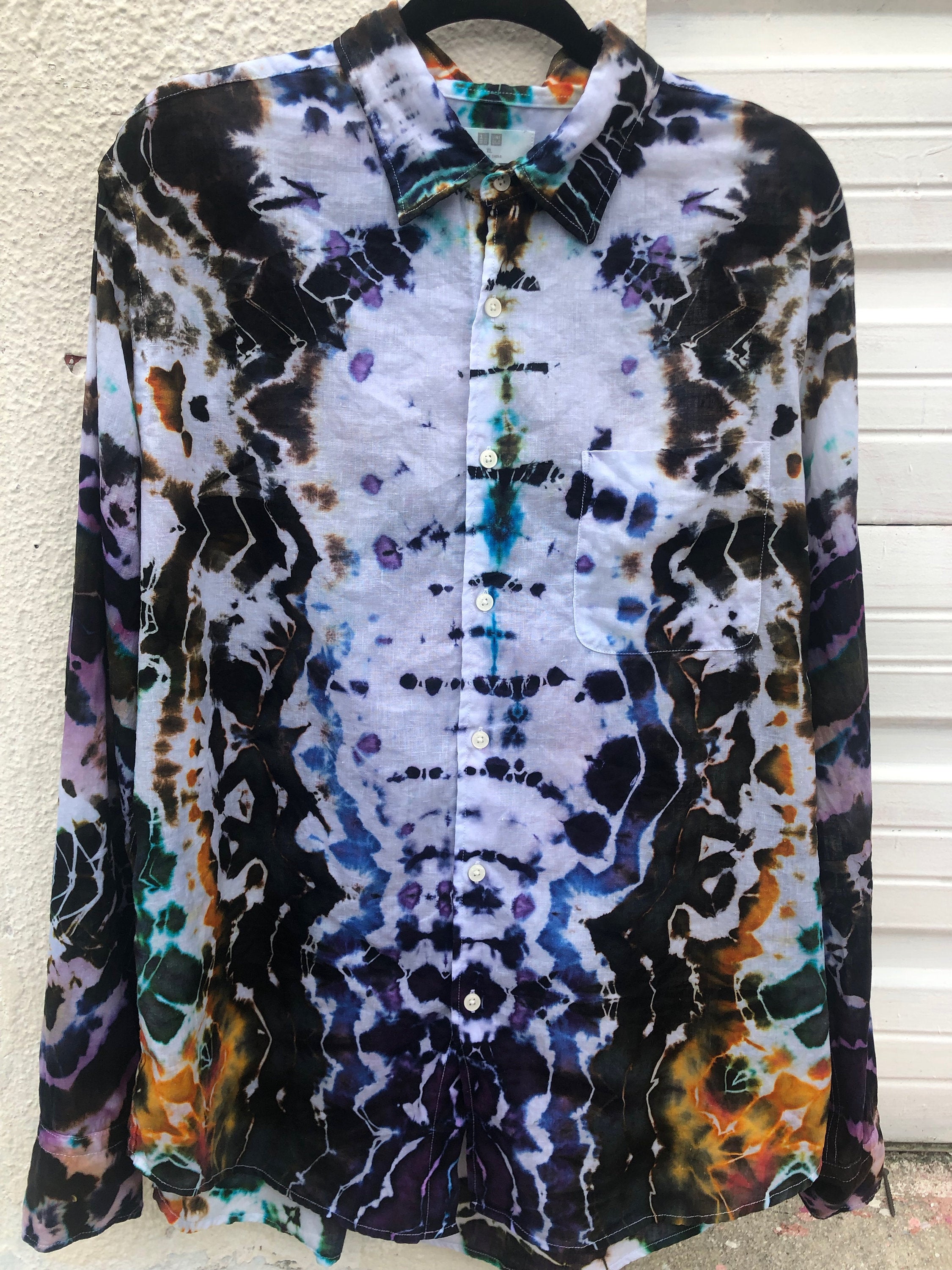 Men's Linen Long Sleeve Tie Dyed Shirt - XL